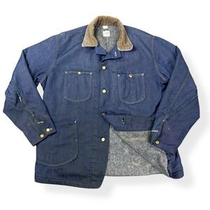 VTG Lee Chore Jacket Mens XL Blue 60s 70s Sanforized Denim‎ Dark Blanket Lined